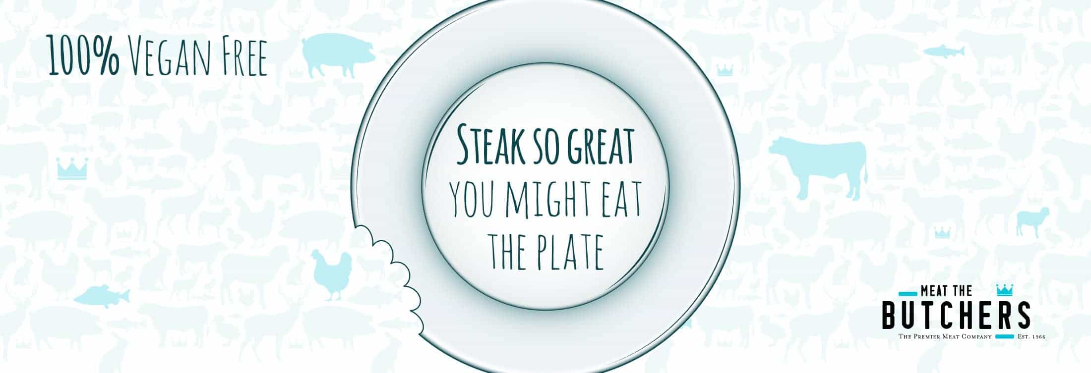 Illustration of a plate with a bite taken from the rim. Text at center of plate reading 'Steak so great, you might eat the plate'