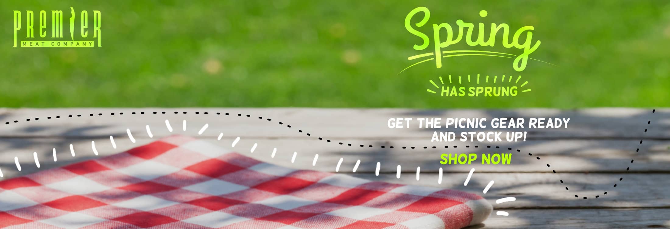 Spring-themed banner depicting a trail of ants walking across a picnic table. Text reads 'Spring has sprung. Get the picnic gear ready and stock up!. Shop now.